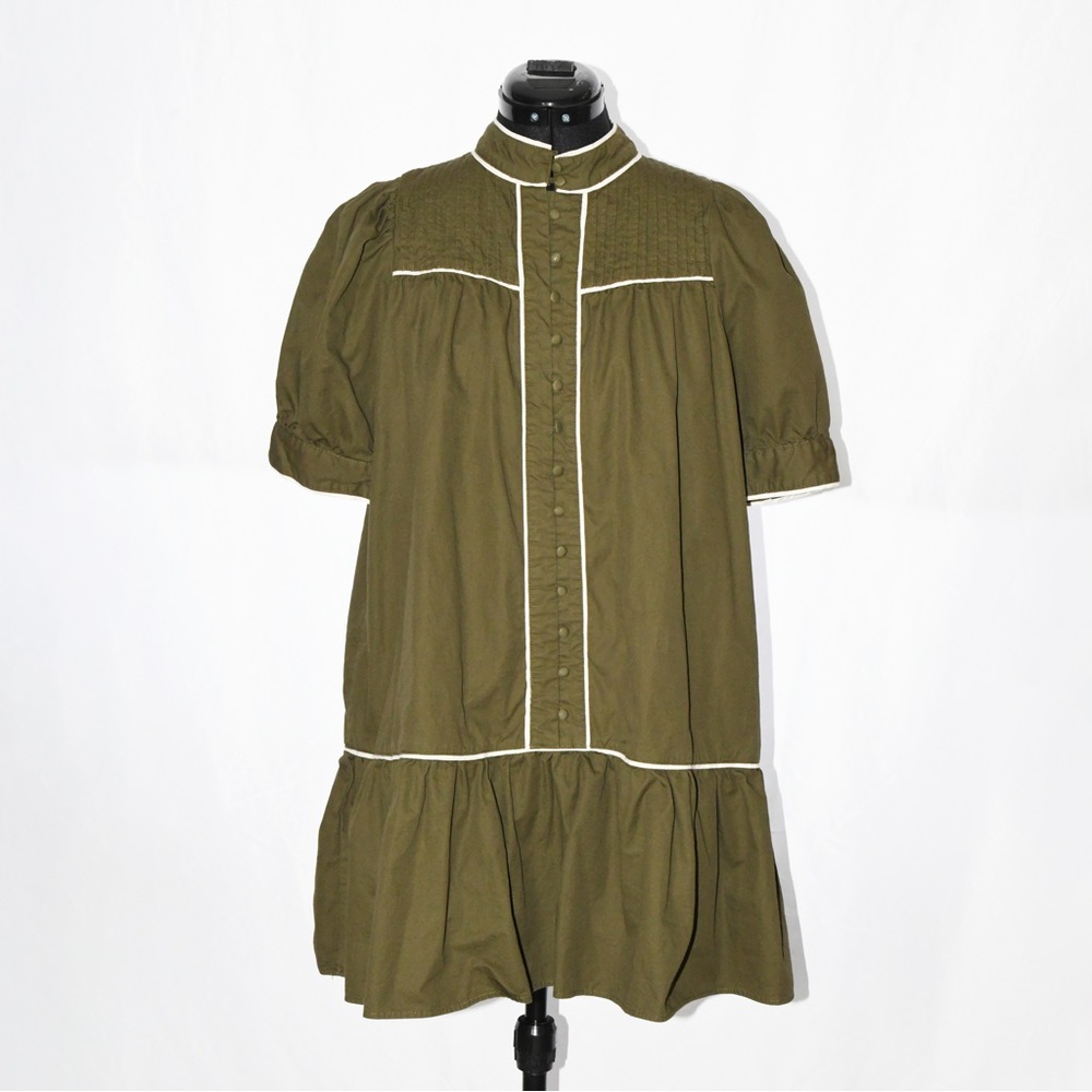 Olive Button-down Pin tucked Mini Dress Short Sleeves